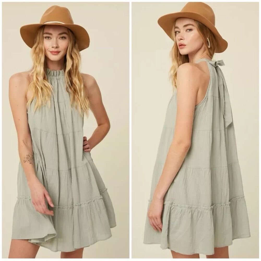 Listicle Ruffle Sage Textured Woven Cotton Halter Neck Pocket Tiered Dress Large